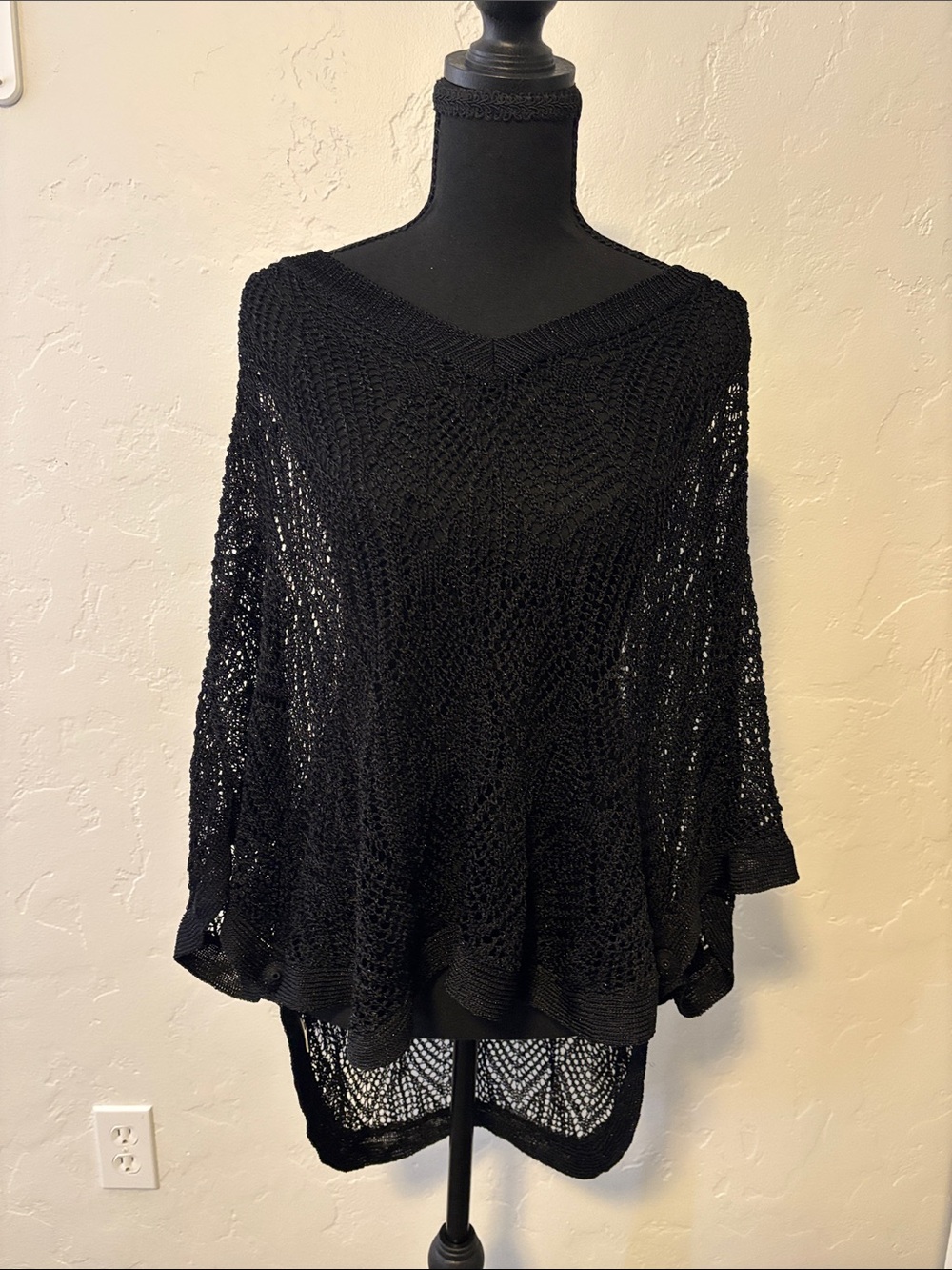 Black Open-Knit V-Neck Swim Coverup Poncho